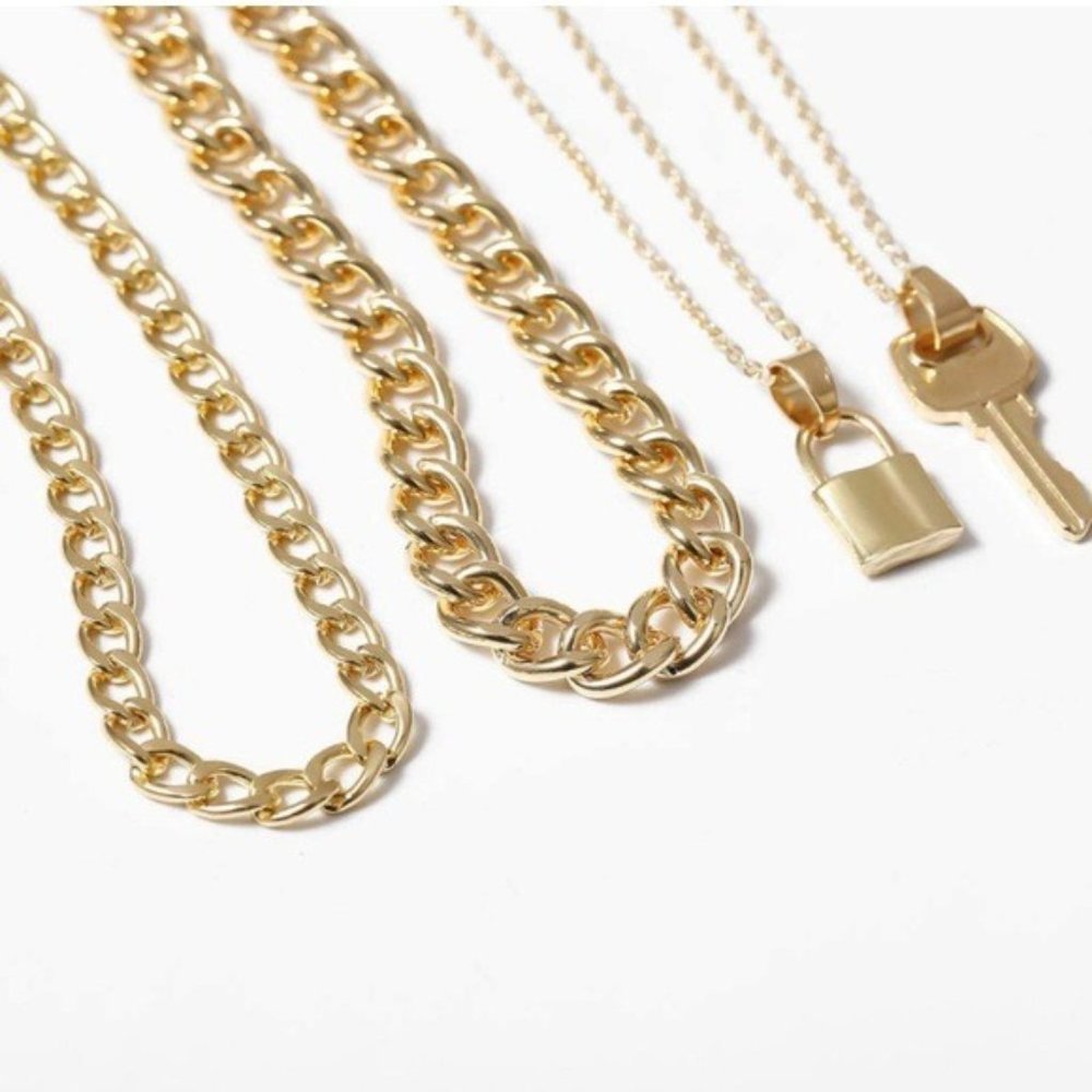 Gold Lock -Key Punk Choker Necklace 4Set